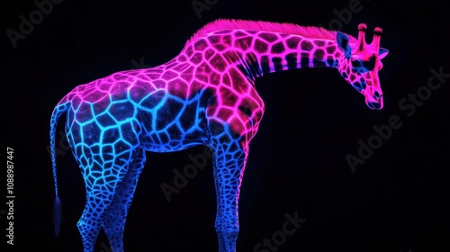 A glowing giraffe with vibrant patterns against a dark background.