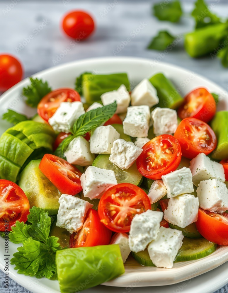 Refreshing cucumber, tomato, and feta salad perfect for a summer lunch Refreshing cucumber, tomato, and feta salad perfect for a summer lunch
