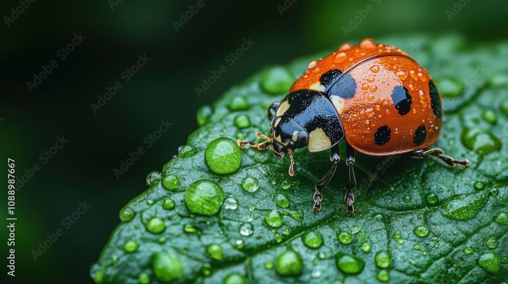 Naklejka premium Detailed close-up of red ladybug on green leaf, vibrant insect with black spots, nature macro photography, colorful beetle, outdoor wildlife shot, biodiversity