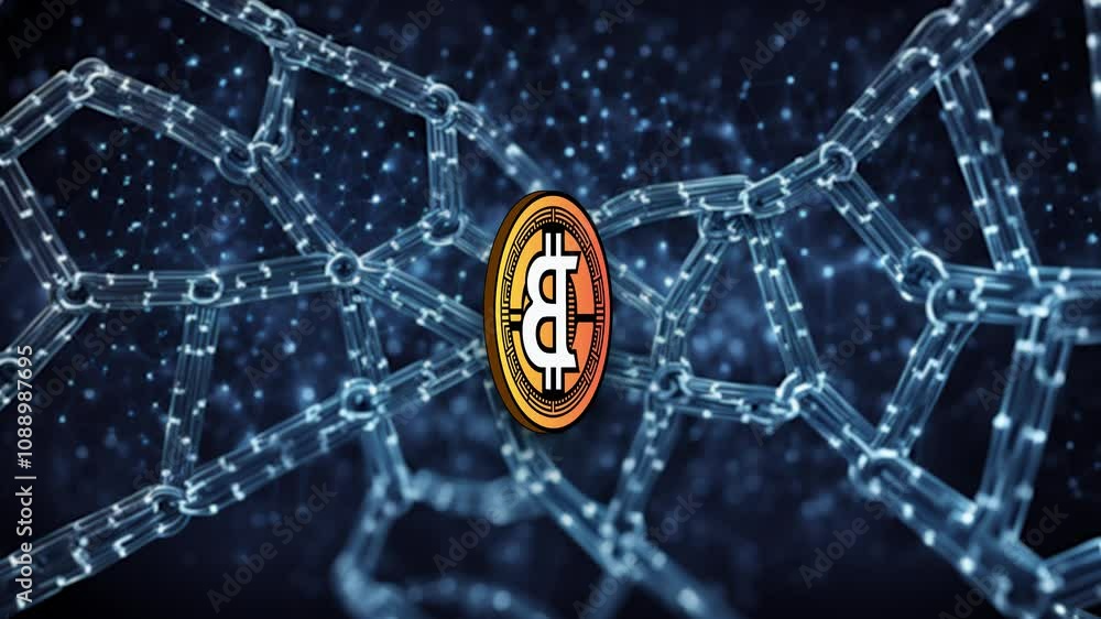 Futuristic animation of a rainbow-colored Bitcoin coin spinning in front of a digital blockchain network background. Perfect for inclusive finance, Web3 identity, or progressive crypto branding.
