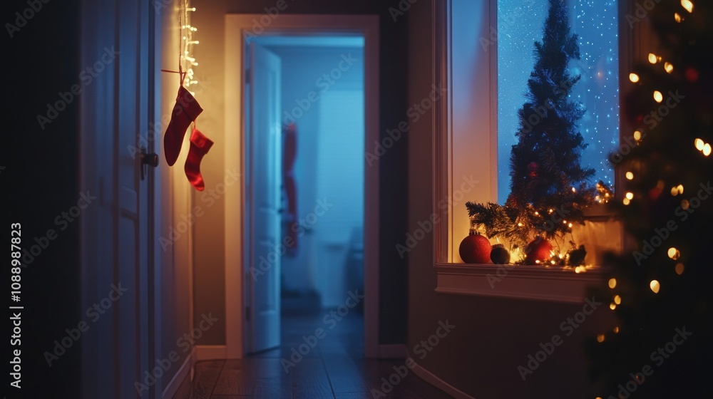 A cozy holiday scene featuring a decorated hallway with stockings and a Christmas tree. A cozy holiday scene featuring a decorated hallway with stockings and a Christmas tree.