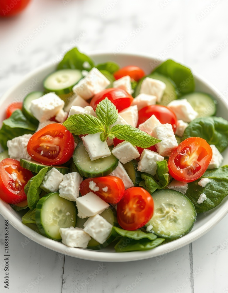 Refreshing feta salad with cucumber and tomatoes provides a light summer lunch