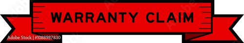 Red ribbon label banner with word warranty claim on white background