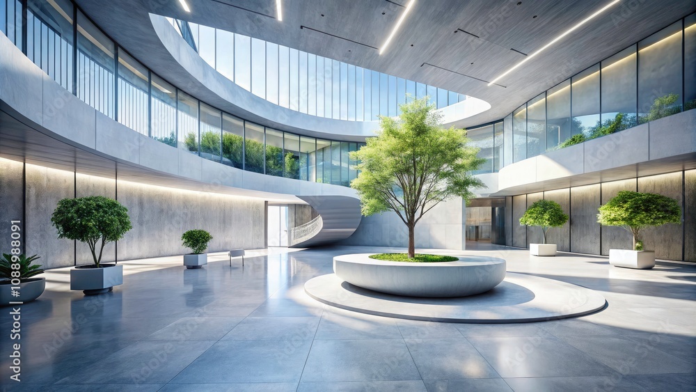 Minimalist Concrete Architecture: Empty Museum Plaza with Open Courtyard, White Podium, and Curved Walls Showroom Display for Modern Design Inspiration Minimalist Concrete Architecture: Empty Museum Plaza with Open Courtyard, White Podium, and Curved Walls Showroom Display for Modern Design Inspiration