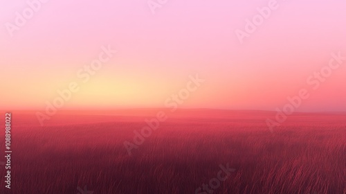 A serene landscape at dusk with soft pink and purple hues over a field.