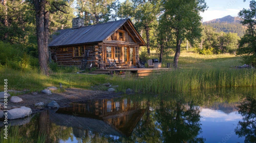 Rustic log cabin with open windows, lake reflections nearby Rustic log cabin with open windows, lake reflections nearby