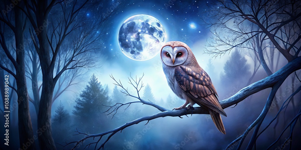 Majestic Barn Owl Perched on Branch Against Ethereal Night Sky with Full Moon, Stars, and Mystical Forest Background Perfect for Nature Lovers and Wildlife Enthusiasts Majestic Barn Owl Perched on Branch Against Ethereal Night Sky with Full Moon, Stars, and Mystical Forest Background Perfect for Nature Lovers and Wildlife Enthusiasts