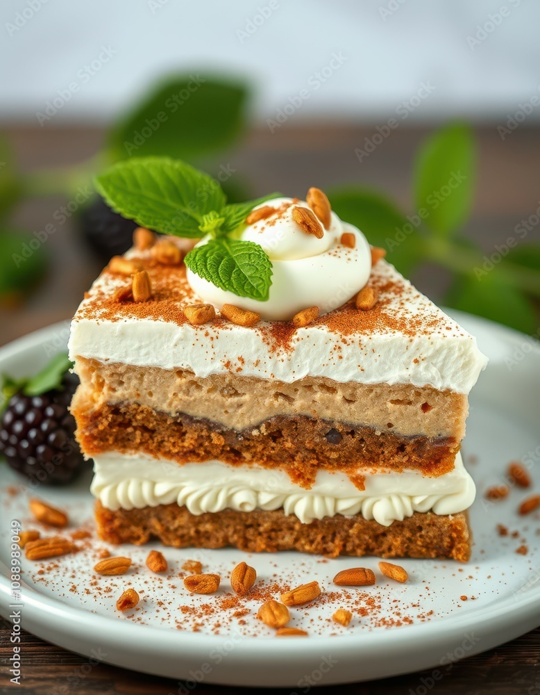 Delicious layered cake with creamy frosting, crunchy topping, and fresh mint garnish sits on a white plate Delicious layered cake with creamy frosting, crunchy topping, and fresh mint garnish sits on a white plate