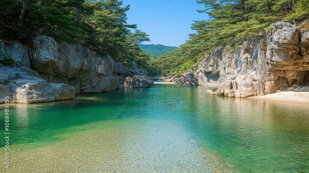 Serene Natural Oasis Surrounded by Lush Greenery and Rocky Formations Under Clear Blue Sky, Perfect for Relaxation and Scenic Retreat in Nature's Embrace Serene Natural Oasis Surrounded by Lush Greenery and Rocky Formations Under Clear Blue Sky, Perfect for Relaxation and Scenic Retreat in Nature's Embrace