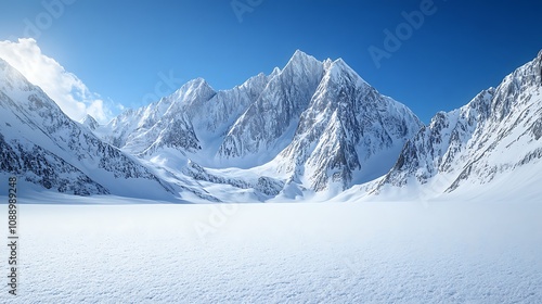 Frosty mountain range with shimmering snowfields under a clear, crisp blue sky ,