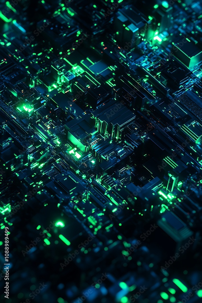 Abstract View of Glowing Green and Blue Circuitry in a Futuristic Digital Landscape with Intricate Patterns Reflecting Technology and Innovation Abstract View of Glowing Green and Blue Circuitry in a Futuristic Digital Landscape with Intricate Patterns Reflecting Technology and Innovation
