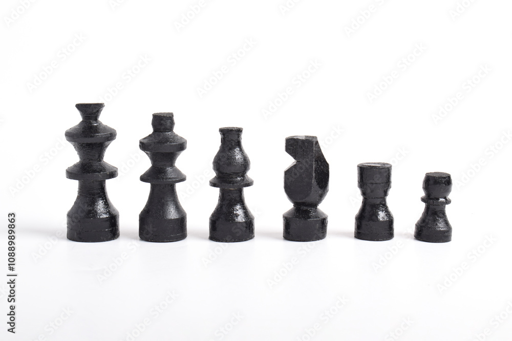 Black Chess set isolated on white backgound, chess piece king, queen, bishop, knight horse, rook, pawn. Business, Competition, Strategy, Decision concept Black Chess set isolated on white backgound, chess piece king, queen, bishop, knight horse, rook, pawn. Business, Competition, Strategy, Decision concept