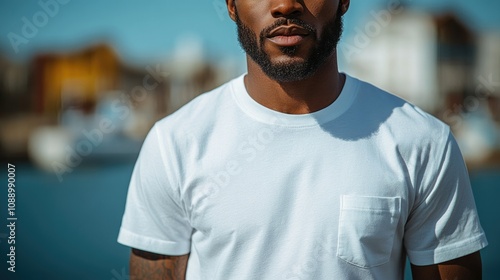 Close-up of a man's chest and shoulders wearing a plain white t-shirt with a small pocket, outdoors near water.