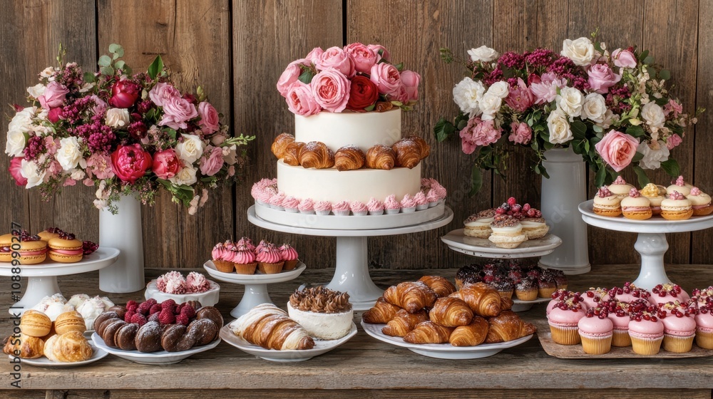 Elegant Dessert Display Featuring Assorted Cakes, Cupcakes, and Floral Arrangements for Special Occasions and Celebrations with Fresh Roses and Seasonal Blooms