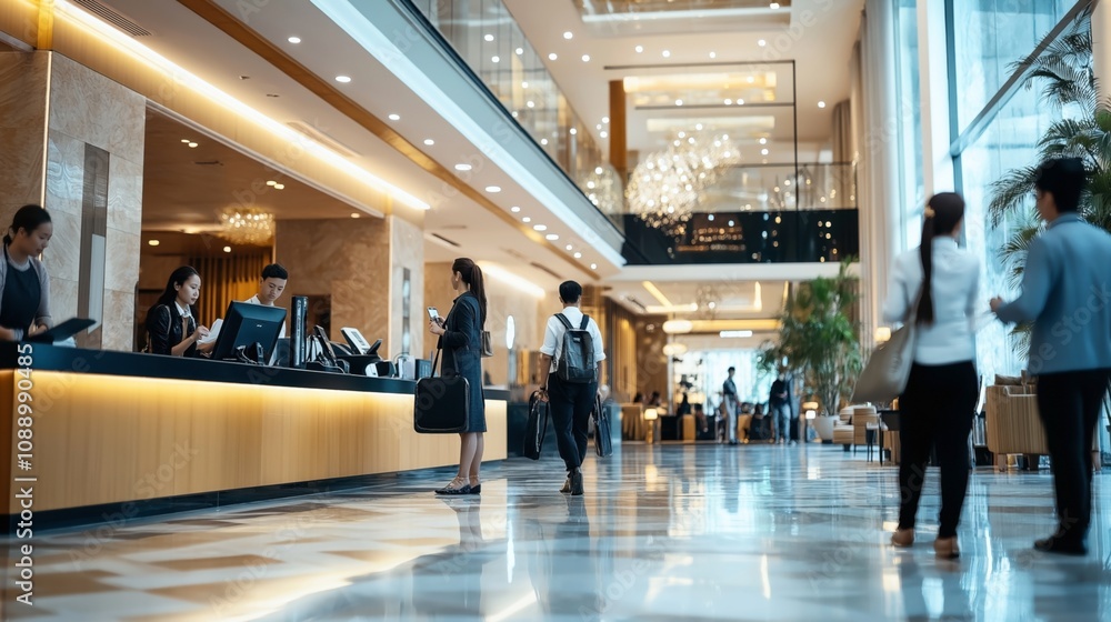 Spacious hotel lobby with reception desk and guests interacting with staff, modern interior design with chandeliers and seating area, polished floors and natural lighting.