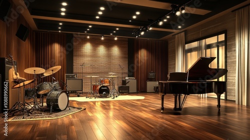 A spacious music rehearsal room with various musical instruments like a grand piano, guitar, and drum set, all arranged neatly under soft studio lighting.