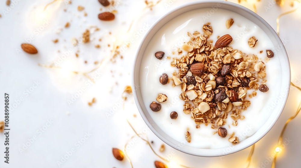 Top down view ceramic bowl yogurt granola and nuts, plain table christmas tree grains shattered, clean minimalist cozy winter breakfast Christmas atmosphere Top down view ceramic bowl yogurt granola and nuts, plain table christmas tree grains shattered, clean minimalist cozy winter breakfast Christmas atmosphere