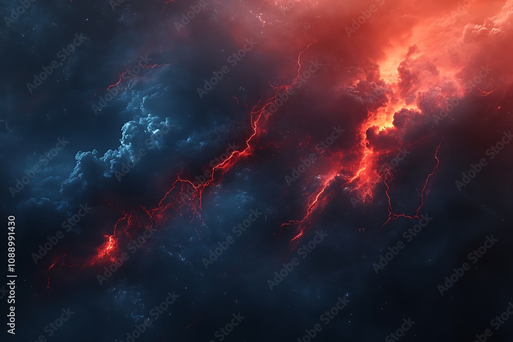 Cosmic Nebula: A fiery, blue and red abstract space scene. Digital fantasy art depicting a vibrant cosmic landscape with swirling clouds, lightning, and stellar energy. Cosmic Nebula: A fiery, blue and red abstract space scene. Digital fantasy art depicting a vibrant cosmic landscape with swirling clouds, lightning, and stellar energy.