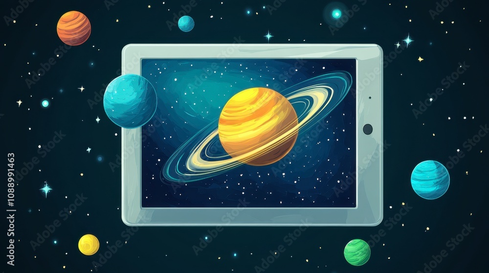Naklejka premium Surreal Digital Artwork of a Tablet Displaying a Vibrant Cosmic Scene with Planets and Stars in Outer Space