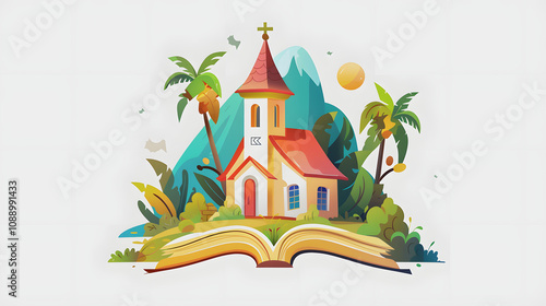 text vbs (vacation bible school) illustration advertisement,   with a white accent, simple style, png