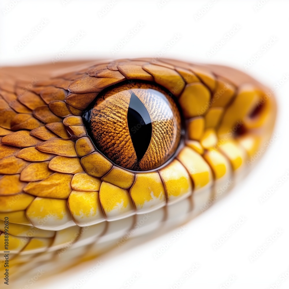 Fototapeta premium A close-up of a snake's eye, showcasing intricate details and vibrant colors against a white background.