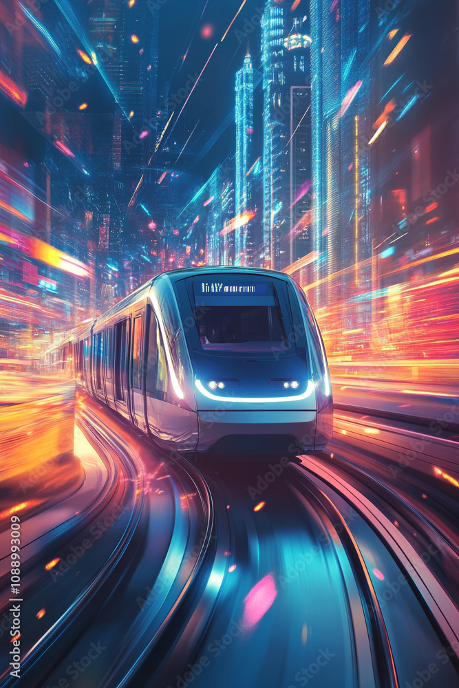 an elegant high-speed train rushes through a bright night city of high-rises and lights, a train in motion in a modern design surrounded by dynamic elements, a blurred cityscape and effects conveying an elegant high-speed train rushes through a bright night city of high-rises and lights, a train in motion in a modern design surrounded by dynamic elements, a blurred cityscape and effects conveying