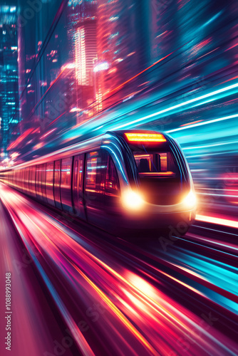 an elegant high-speed train rushes through a bright night city of high-rises and lights, a train in motion in a modern design surrounded by dynamic elements, a blurred cityscape and effects conveying 