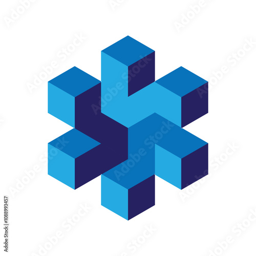 this is an abstract 3d logo design of a hexagonal shape that consists of three segments in geometric block style in blue color