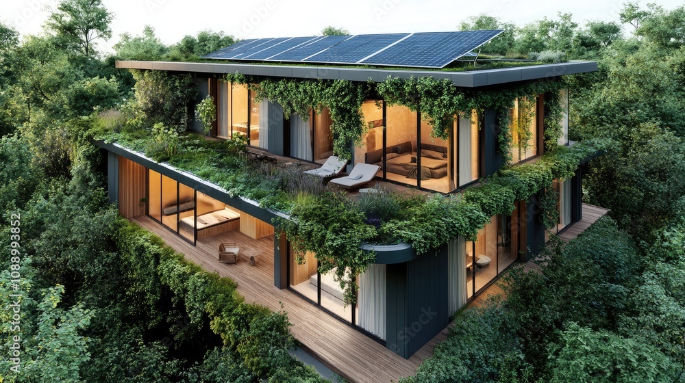 Realistic 3D model of a flat-roofed house with solar panels, eco-friendly design, lush greenery, Realistic 3D model of a flat-roofed house with solar panels, eco-friendly design, lush greenery,