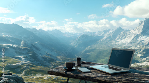Work desk set up on a mountain ridge with expansive valley view laptop and coffee in an inspiring space Copy space
