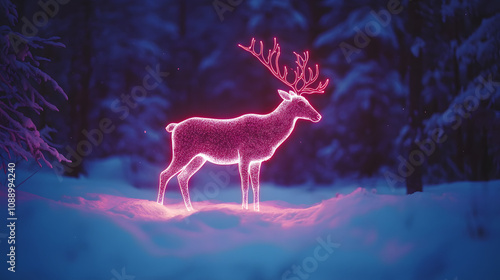 A Breathtaking Display of a Neon Hologram of a Reindeer in a Shadowy Snowy Forest Captivating All with Its Mesmerizing Glow photo