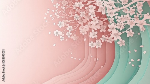 abstract background made from paper cut. Copy space over paper. paper layer shape are sakura blossom, sakura tree, in sukura blooming season concept high detail. photo