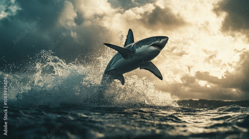 Fototapeta premium Majestic Great White Shark Leaping from the Ocean's Depths