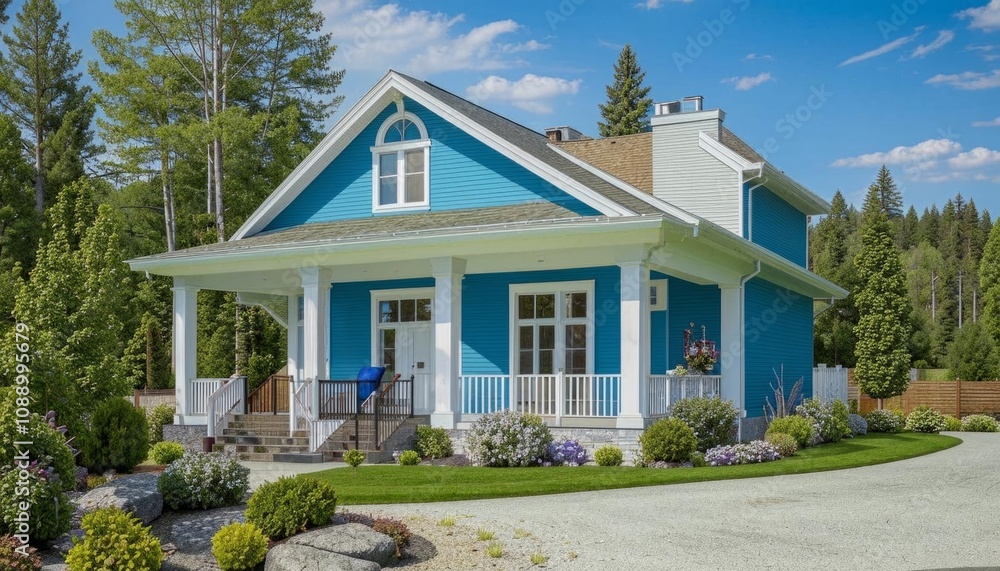 A beautiful two-story blue country house with a wraparound porch, lush green lawn, and tall trees creating a peaceful atmosphere. AI generated.
A beautiful two-story blue country house with a wraparound porch, lush green lawn, and tall trees creating a peaceful atmosphere. AI generated.
