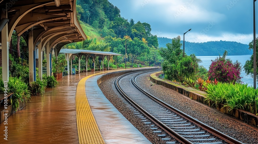 An empty train platform with curved tracks leading off into the horizon, surrounded by natural scenery, showcasing the peaceful solitude of travel. An empty train platform with curved tracks leading off into the horizon, surrounded by natural scenery, showcasing the peaceful solitude of travel.