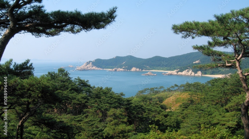 Serene Coastal Landscape with Pine Trees and Rocky Outcrops Under Clear Blue Sky, Evoking Peace and Natural Beauty, Ideal for Travel and Nature Themes Serene Coastal Landscape with Pine Trees and Rocky Outcrops Under Clear Blue Sky, Evoking Peace and Natural Beauty, Ideal for Travel and Nature Themes