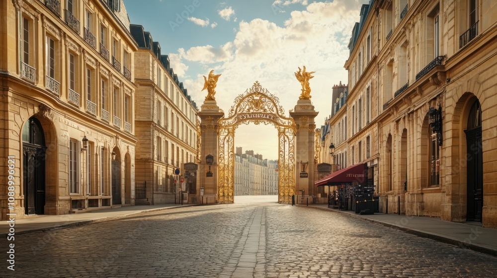 Fototapeta premium Golden gates of a historic entryway in a charming European city during sunrise, featuring elegant architecture and cobblestone streets inviting exploration.