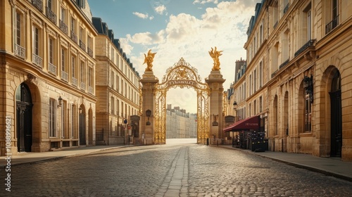 Fototapeta Naklejka Na Ścianę i Meble -  Golden gates of a historic entryway in a charming European city during sunrise, featuring elegant architecture and cobblestone streets inviting exploration.