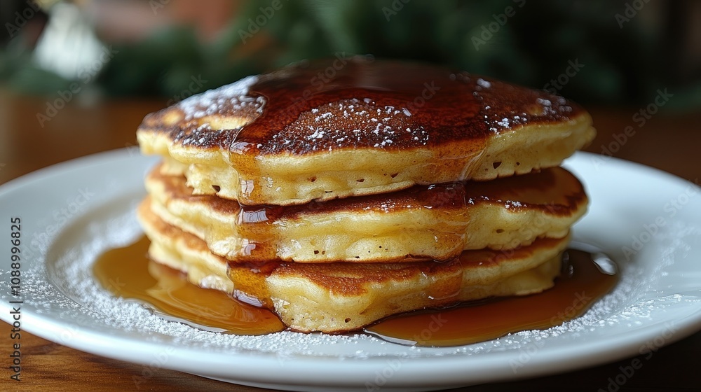 Three golden pancakes drizzled with syrup and powdered sugar on a white plate. Three golden pancakes drizzled with syrup and powdered sugar on a white plate.