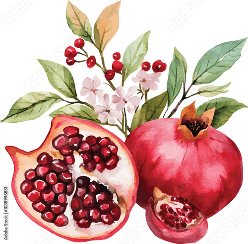 Watercolor pomegranate fruit set whole and half and flowers, leaves. Watercolor hand drawn vector illustration isolated on white background