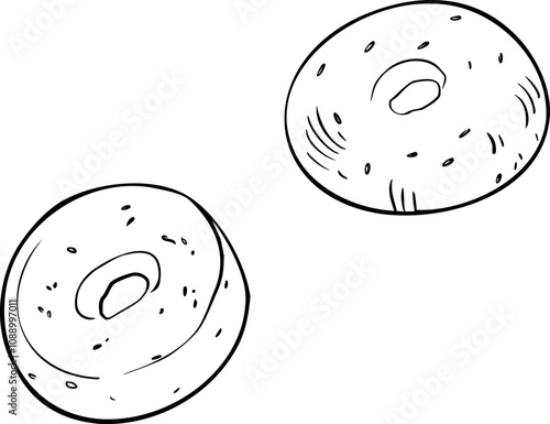 Fresh whole bagel with sesame black white vector illustration isolated. Doughnut bread hand drawn by ink line art . Outline bread ring monochrome sketch for design signage, paper, packaging bakery.