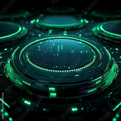 Futuristic Abstract Design with Circular Patterns and Glowing Green Elements Creating a High-Tech Digital Environment for Innovation and Technology Concepts