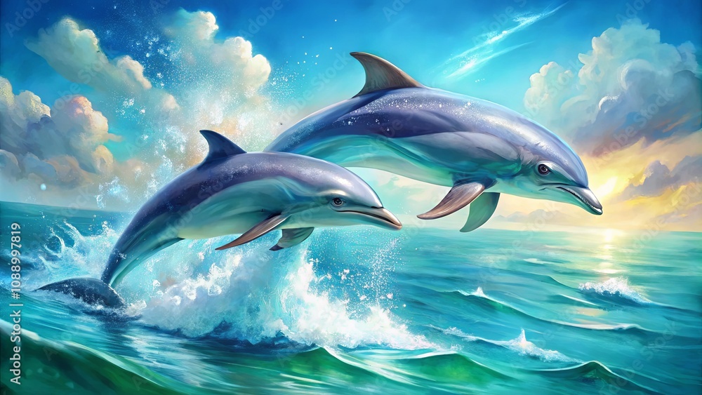 Two Playful Dolphins Leaping Above Ocean Waves with Sunlight and Cloudy Sky in a Vibrant Seascape Illustration Capturing Nature's Beauty and Joy Two Playful Dolphins Leaping Above Ocean Waves with Sunlight and Cloudy Sky in a Vibrant Seascape Illustration Capturing Nature's Beauty and Joy