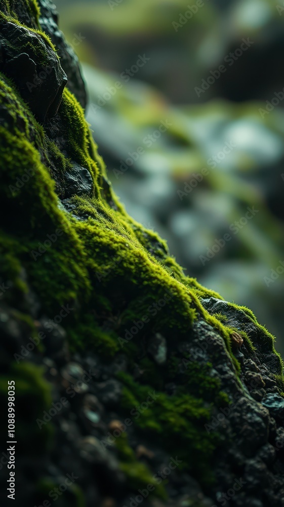 Lush green moss blankets dark rocks at a remote Iceland waterfall during midday Lush green moss blankets dark rocks at a remote Iceland waterfall during midday