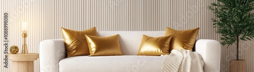 Cozy, inviting interior with cream throw, golden pillows, warm wood decor, soft ambient lighting photo