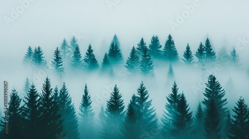 Misty forest, serene teal hues.