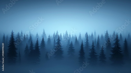 Misty blue forest at dawn. Serene.