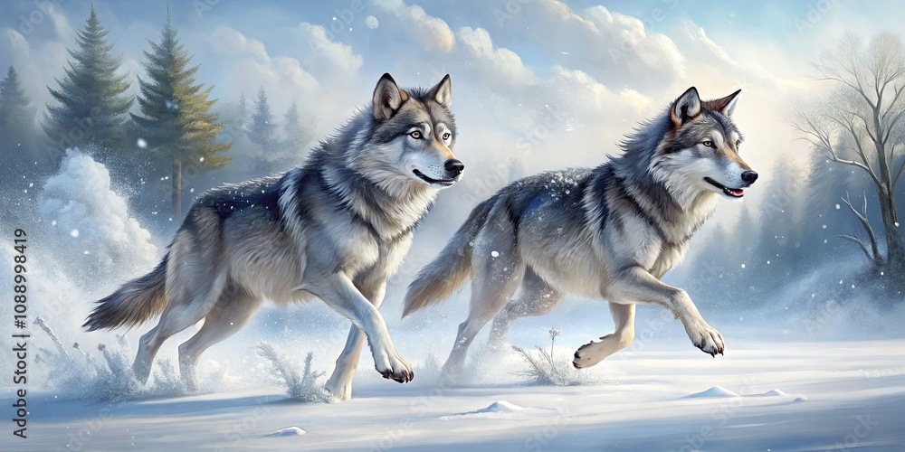 Majestic Wolves Running Freely Through a Snowy Landscape Under a Bright Blue Sky with Soft Clouds and Evergreen Trees in the Background Majestic Wolves Running Freely Through a Snowy Landscape Under a Bright Blue Sky with Soft Clouds and Evergreen Trees in the Background