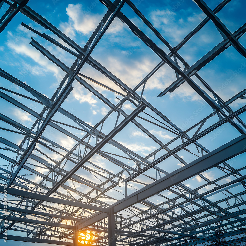 Construction of steel roof truss in progress urban site architectural photography industrial environment low angle view structural engineering insights Construction of steel roof truss in progress urban site architectural photography industrial environment low angle view structural engineering insights