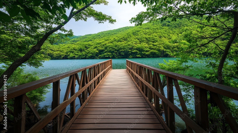 Serene Wooden Bridge Overlooking Calm Lake Surrounded by Lush Green Forest and Vibrant Nature Under Clear Sky on a Tranquil Day Serene Wooden Bridge Overlooking Calm Lake Surrounded by Lush Green Forest and Vibrant Nature Under Clear Sky on a Tranquil Day